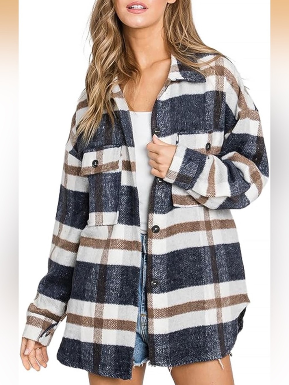 Plaid Shacket Tan, White & Blue | Size Small